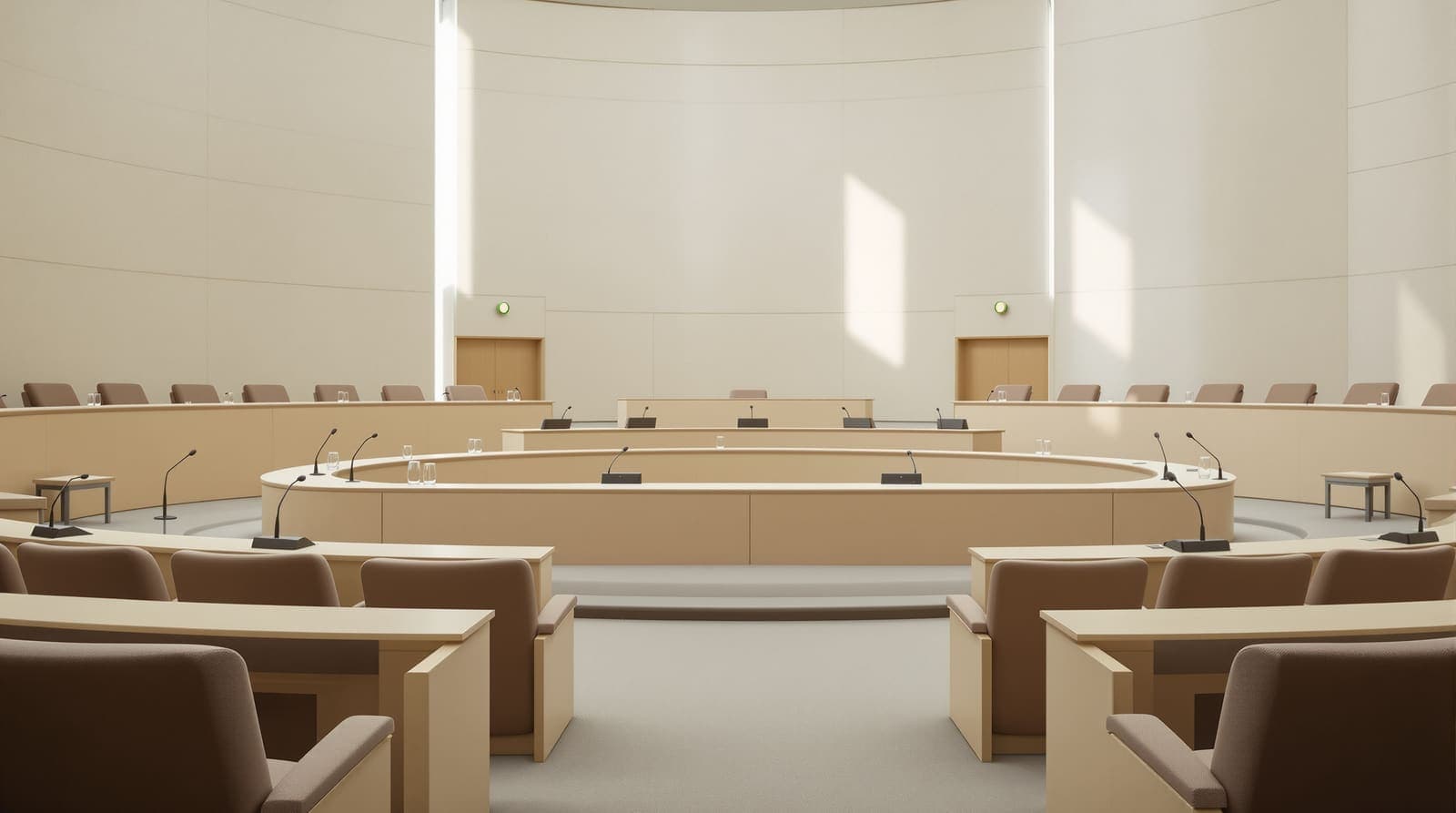 Illustration of an empty parliamentary committee room with vacant seats and a plain dais in soft morning light.