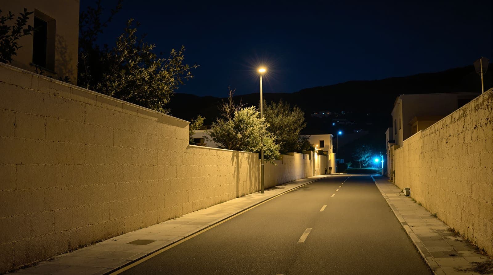 Illustration of an empty stone lane in a Galilee village at night with a distant glow of emergency light.