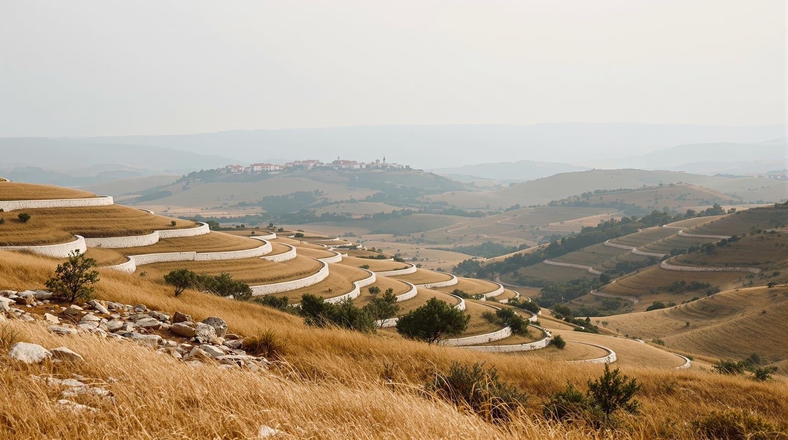 Illustration of olive terraces and grazing hills near Sebastia in Samaria, with a distant village on a ridgeline in morning haze
