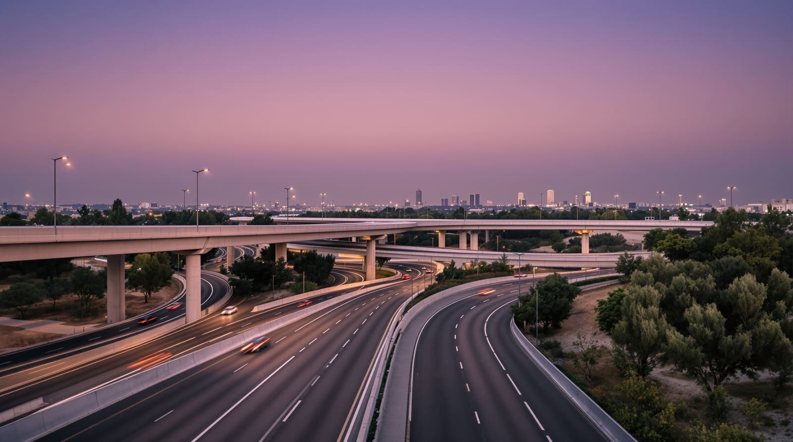 Illustration of a quiet multilane highway and concrete interchange on the edge of Tel Aviv at dusk, with distant towers on the horizon.