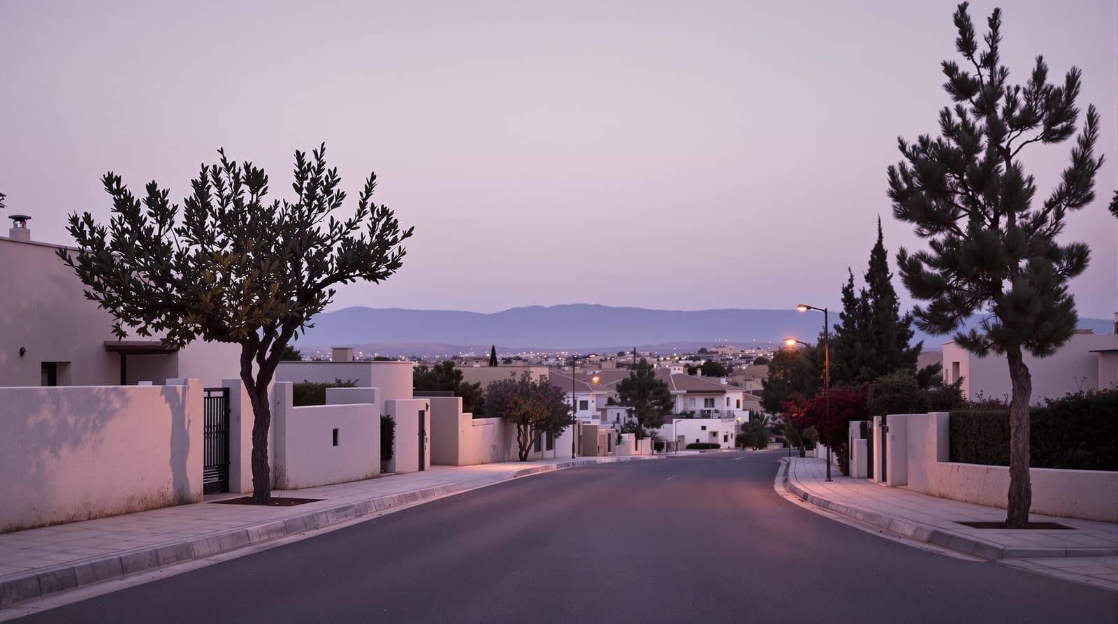 Illustration of an empty residential street of pale stone houses in a central Israeli town at dusk under a soft overcast sky.