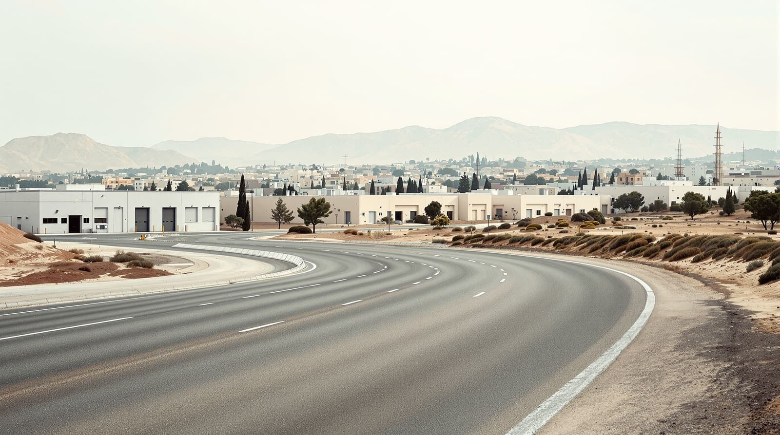 Illustration of a quiet empty highway curving past pale industrial buildings on the northern edge of Jerusalem under overcast light.