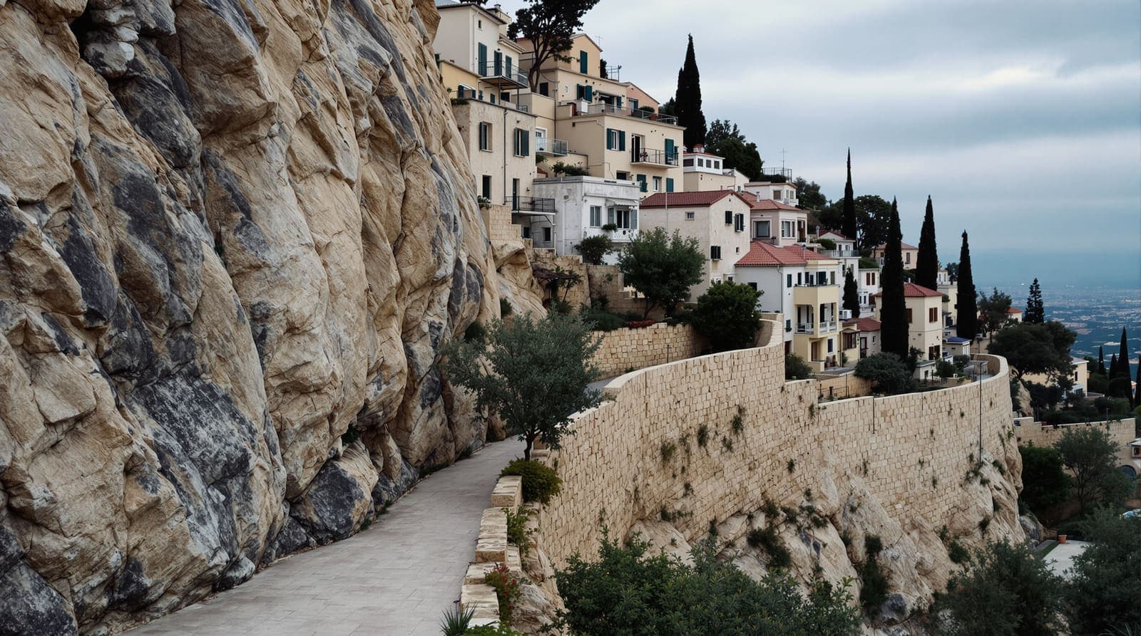 Illustration of an empty hillside lane in Nazareth at dawn, stone houses above a limestone drop with a faint pulse of blue light on pale walls.