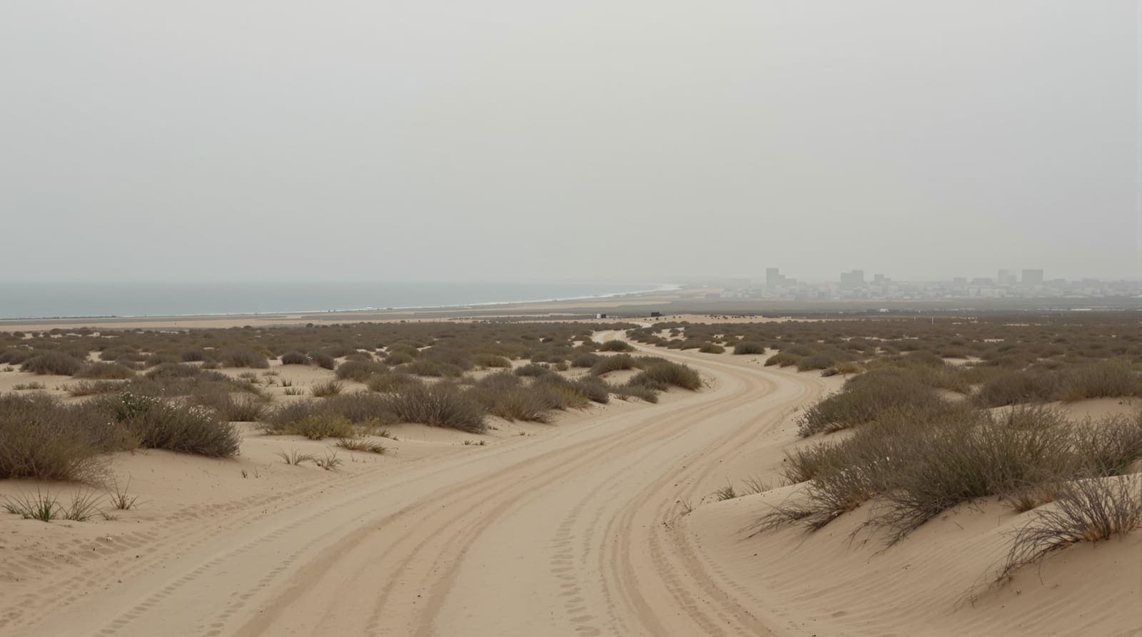 Illustration of a hazed southern Gaza coastal skyline seen at dawn across empty dunes and a quiet sand track.