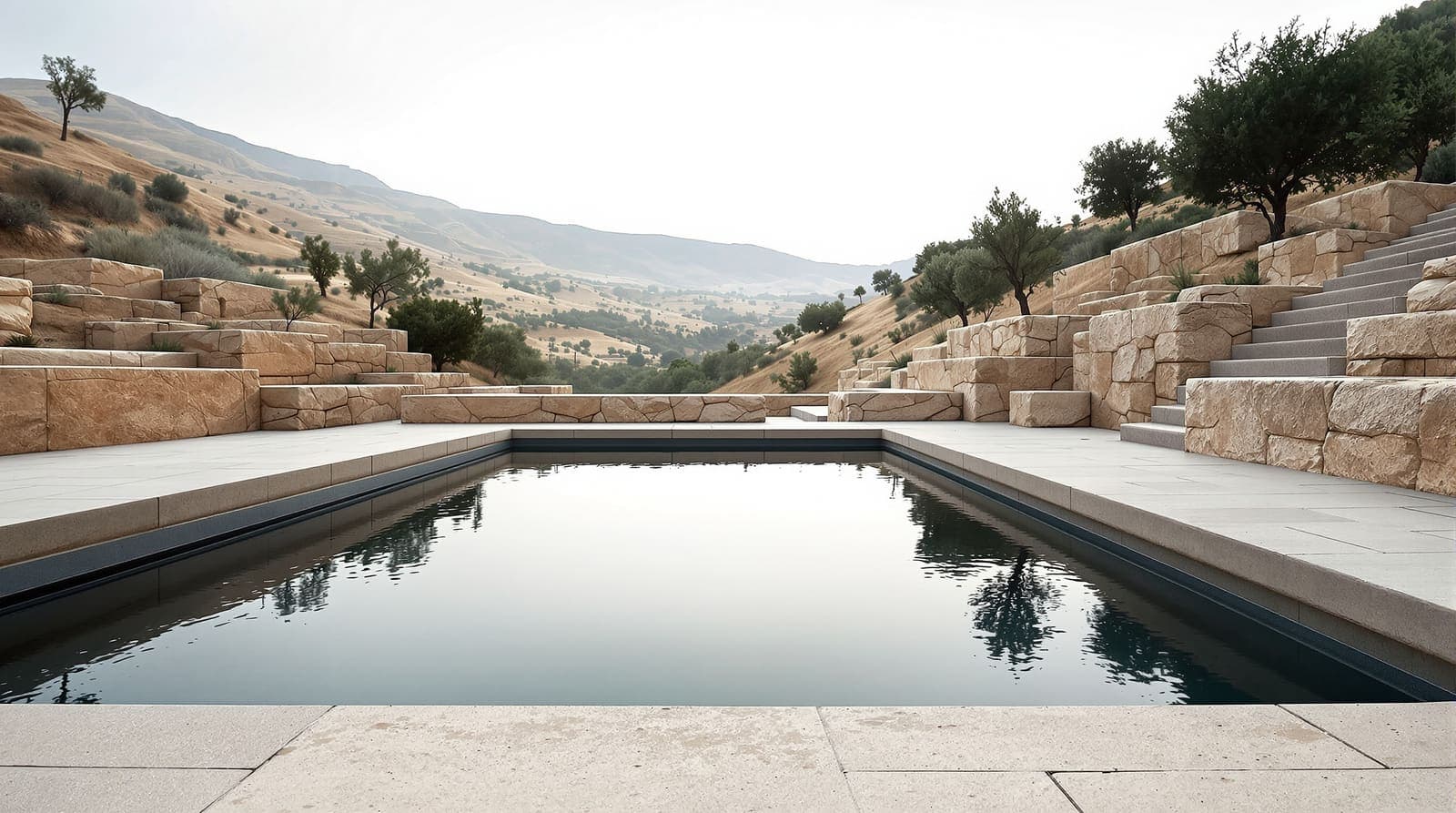 Illustration of a quiet stone spring pool in the Binyamin hills at dawn, olive terraces and ridgelines rising in soft morning haze.