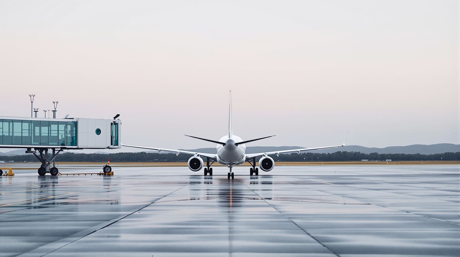 Illustration of a plain white passenger jet parked on a quiet airport apron at dawn with scrub hills beyond