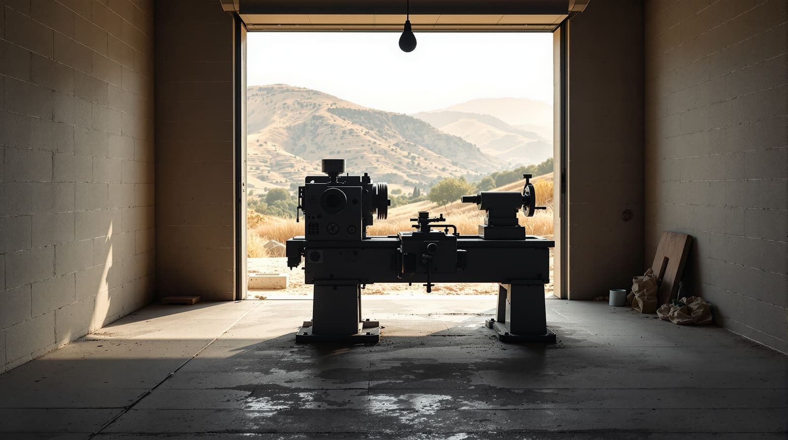 Illustration of a metal lathe standing idle in a bare breeze-block workshop, backlit by a roller door opening onto olive terraces in Samaria.
