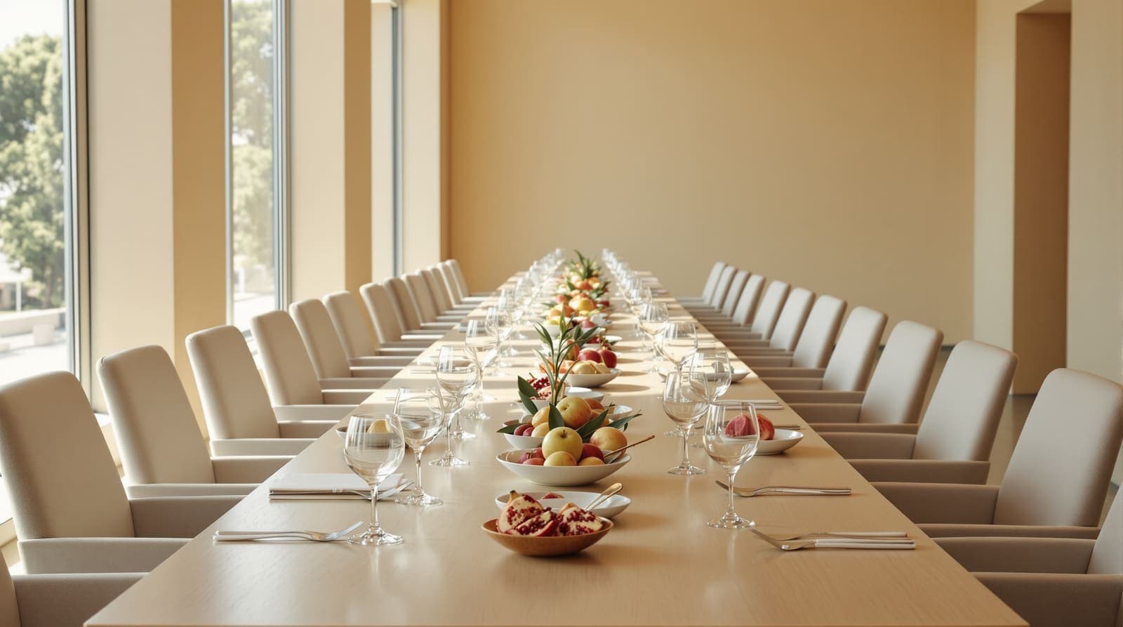 Illustration of a long table set with wine glasses, honey and pomegranates for a Rosh Hashanah toast in an empty room.