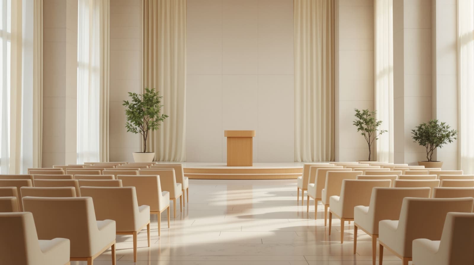 Illustration of an empty formal reception hall in Jerusalem with rows of chairs and a plain platform in soft morning light.