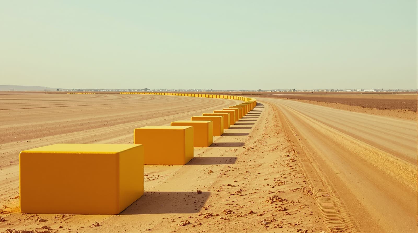 Illustration of a row of yellow concrete marker blocks curving across graded sand beside an army earth berm inside Gaza in late afternoon light.