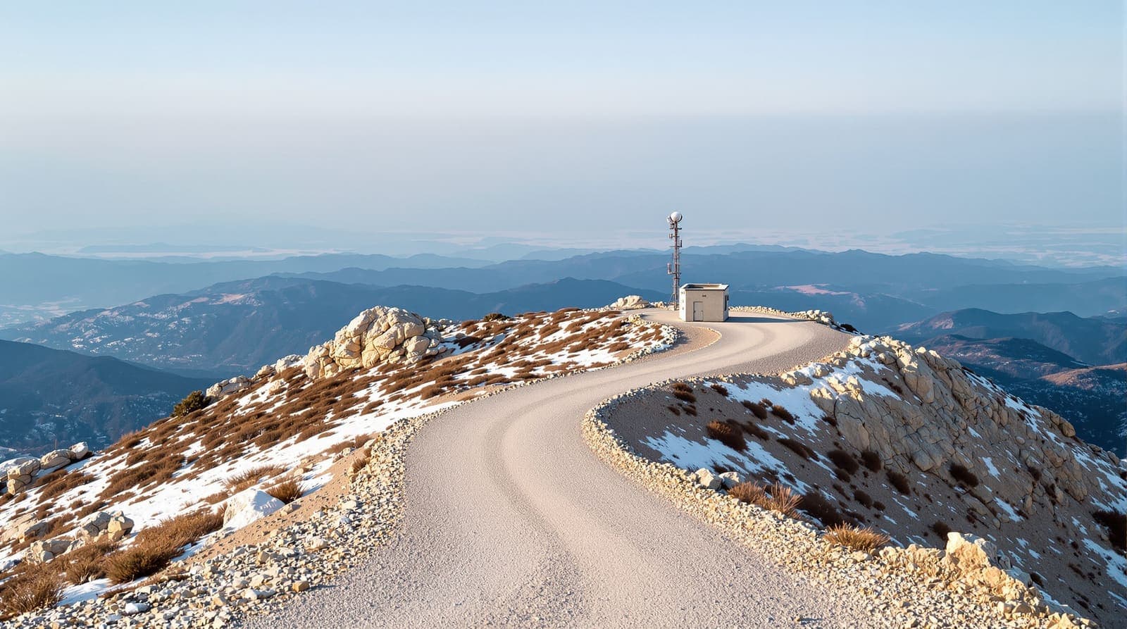 Illustration of a bare limestone ridge on the Hermon range at dawn with a small plain observation post and distant hazed hills.