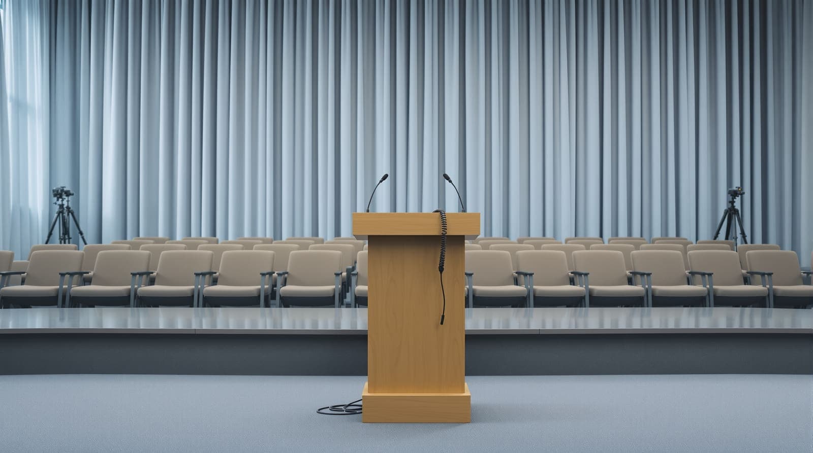 Illustration of an empty press briefing room with a plain lectern and rows of vacant seats in soft daylight.