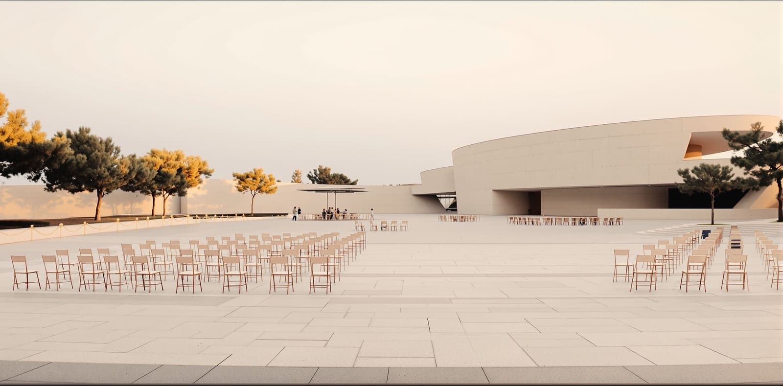 Illustration of a quiet Tel Aviv plaza at dawn with rows of empty chairs and yellow ribbons tied along a railing