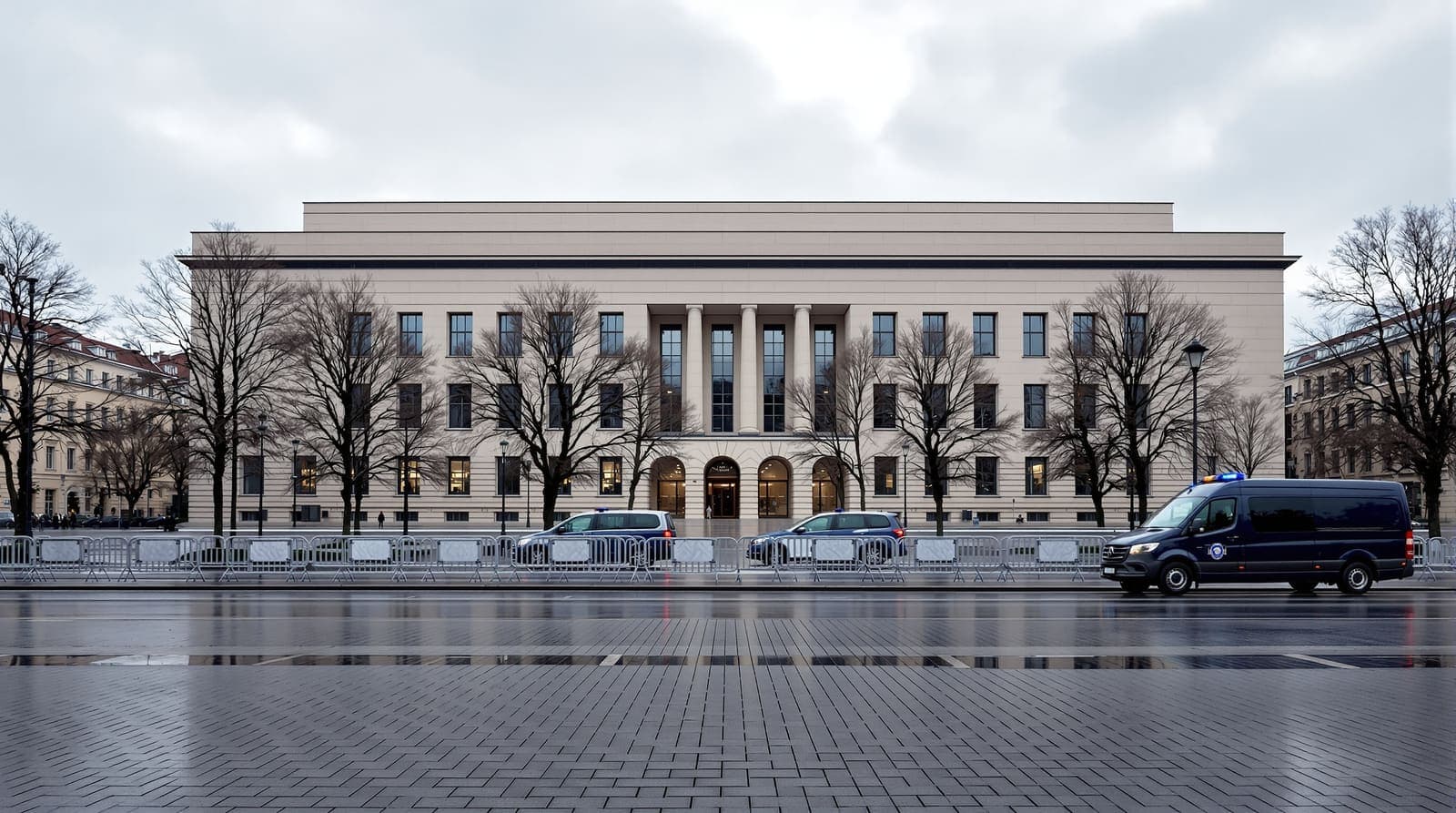 Illustration of a court building's pale stone facade in Warsaw at dawn, with steel barriers across an empty forecourt and vans parked nearby.