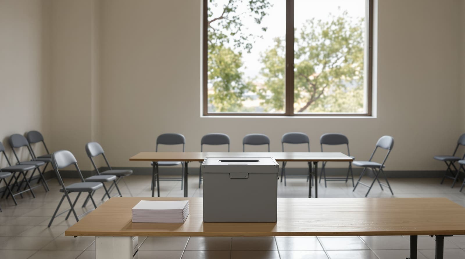 Illustration of an empty polling room with a grey ballot box and a stack of plain envelopes on a wooden table in soft dawn light