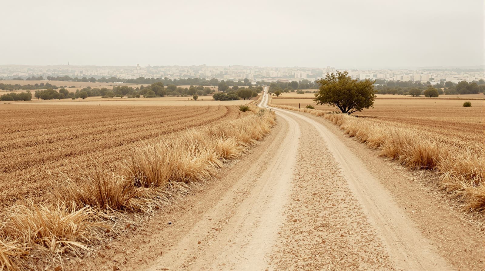 Illustration of an empty dirt farm track beside a harvested field at dawn, with a distant town skyline in the Sharon region.