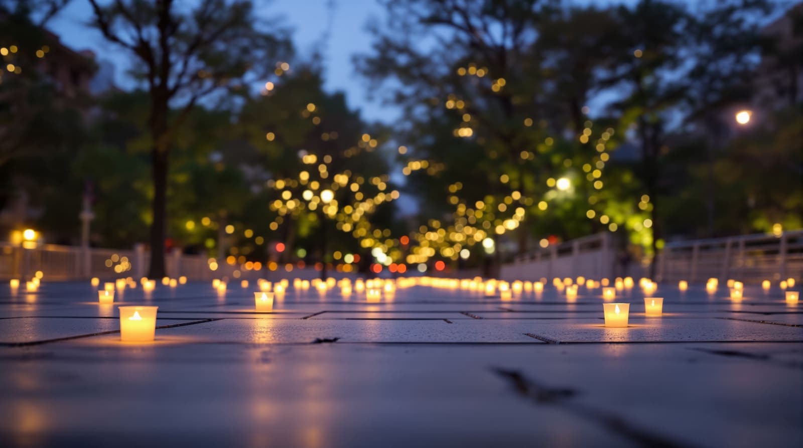 Illustration of rows of glowing electric candles on the paving stones of a tree-lined New York plaza at dusk.