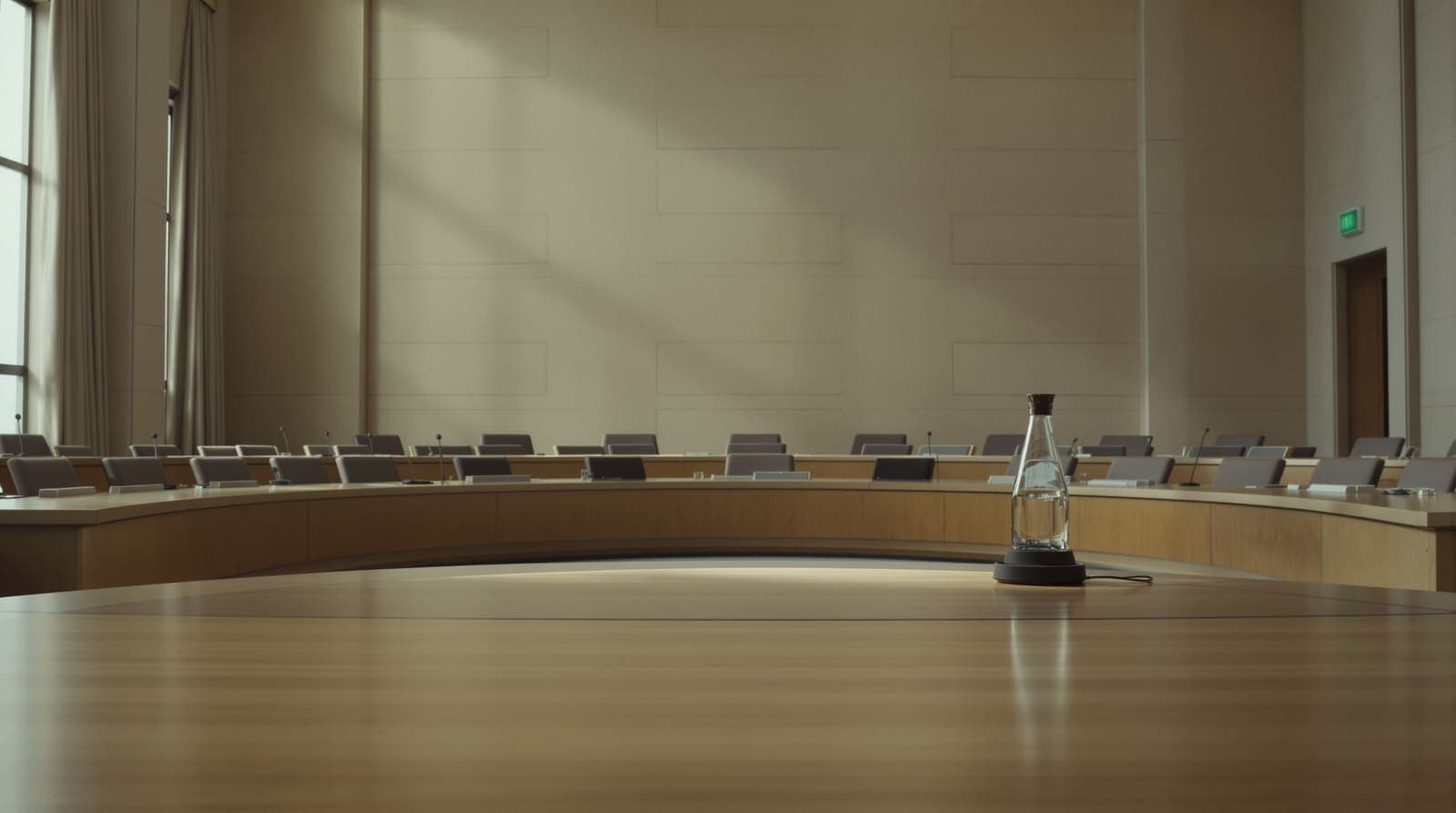 Illustration of an empty parliamentary committee room in Jerusalem, vacant chairs around a long table in soft morning light.