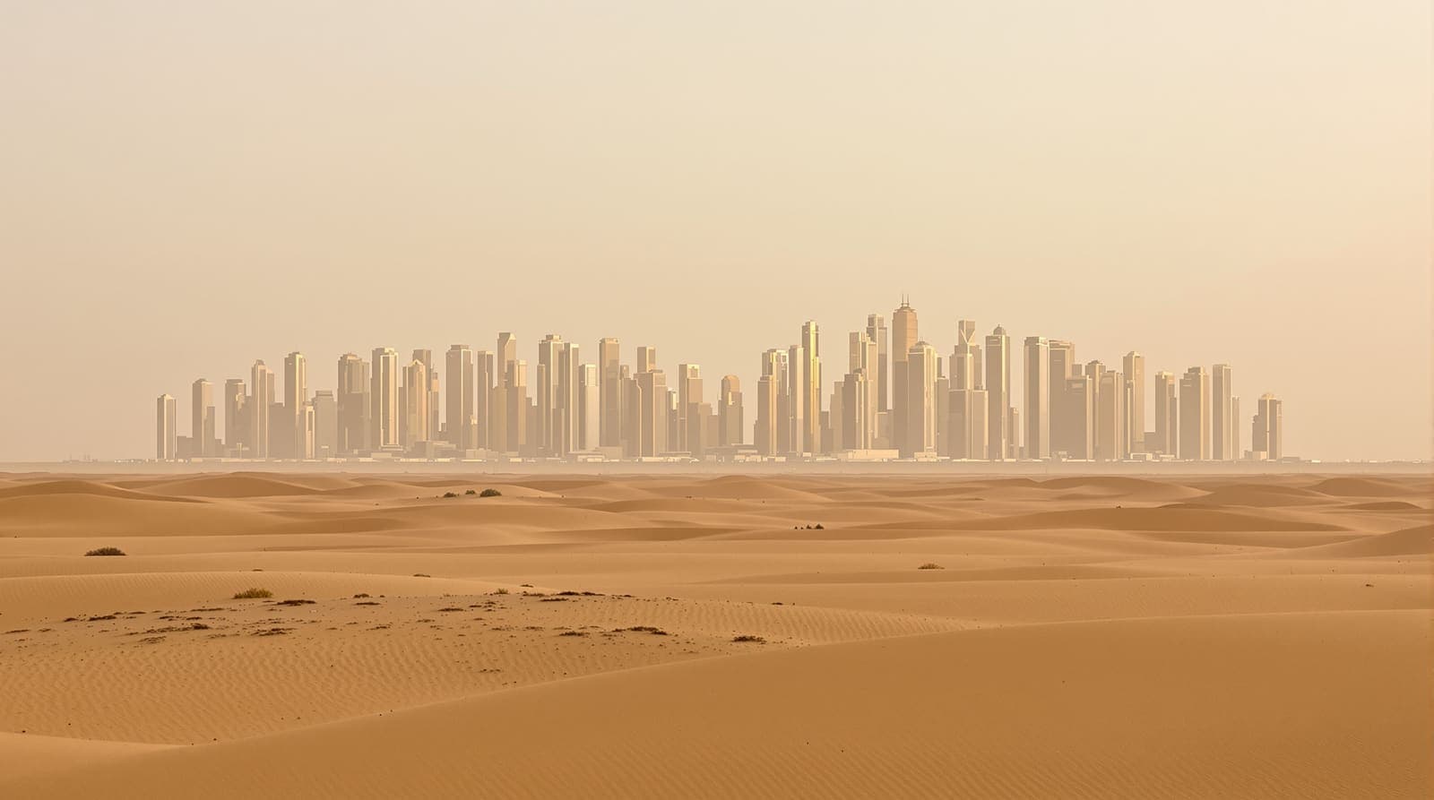 Illustration of the Riyadh skyline at dawn, seen distant across open desert under pale haze and a quiet overcast sky.