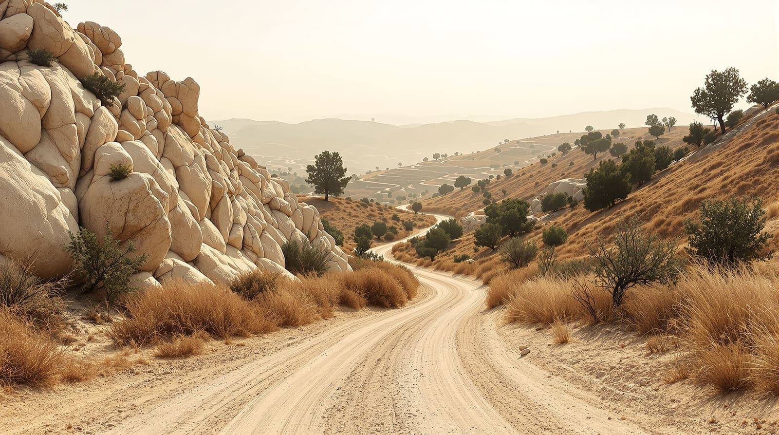 Illustration of an empty stony grazing hillside and dusty track in the Binyamin hills at late afternoon.
