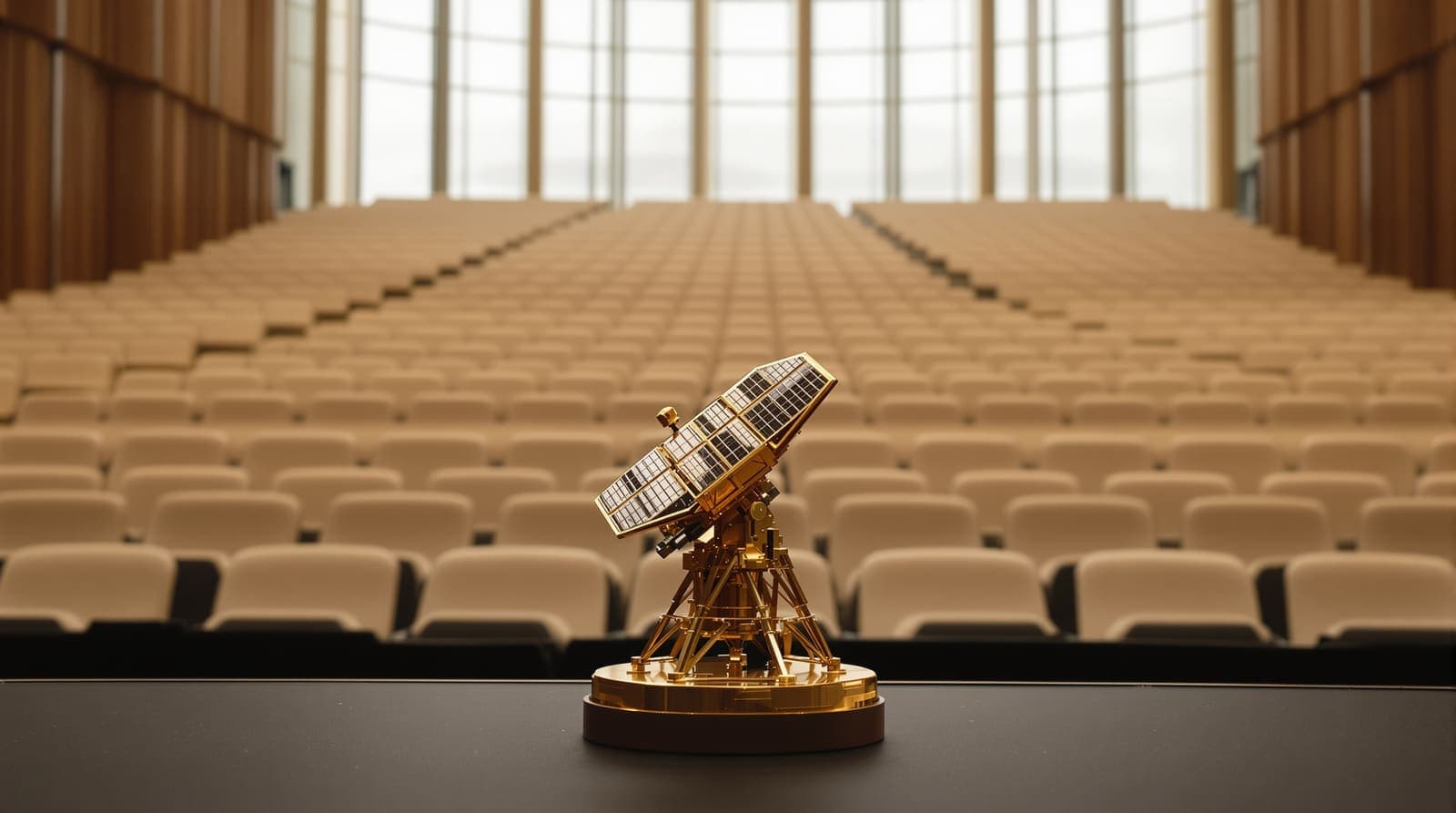 Illustration of a scale model of a space telescope at the edge of a stage, rows of empty seats rising to tall windows in a Tel Aviv conference hall.