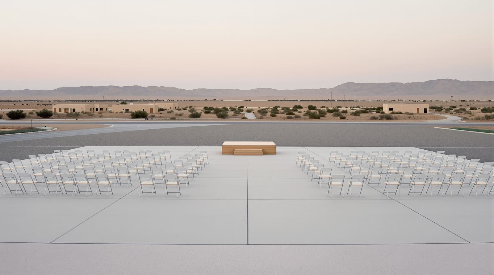 Illustration of an empty outdoor ceremony ground with rows of chairs and a plain podium at a Negev base at dawn.