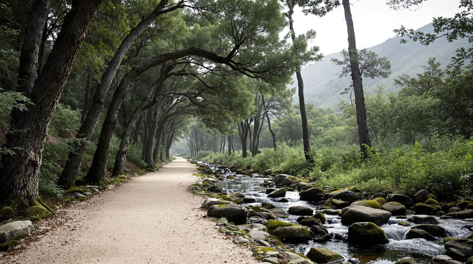 Illustration of an empty streamside woodland trail in a northern Galilee nature reserve under hazy overcast morning light.