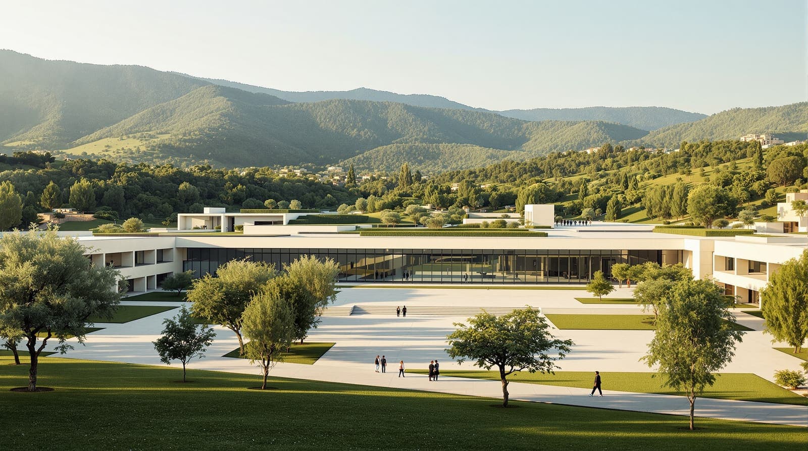 Illustration of a limestone university campus on a green Galilee hillside with olive trees, walkways and mountains behind in morning light.