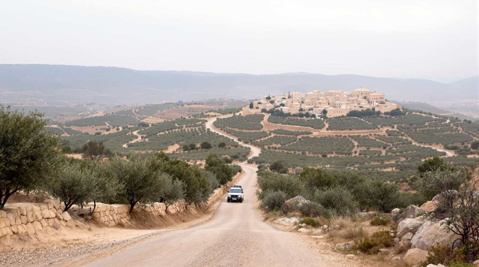 Illustration of olive terraces and a dirt road winding through limestone hills toward a distant stone village at dawn.