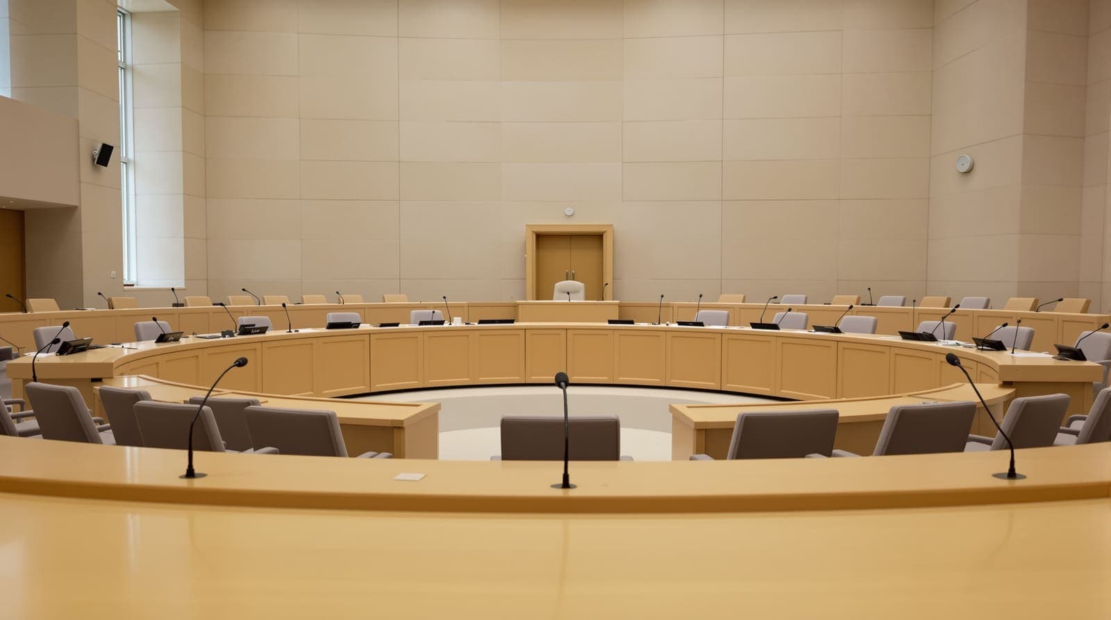 Illustration of an empty parliamentary committee room in Jerusalem, horseshoe table and vacant chairs in soft morning light.