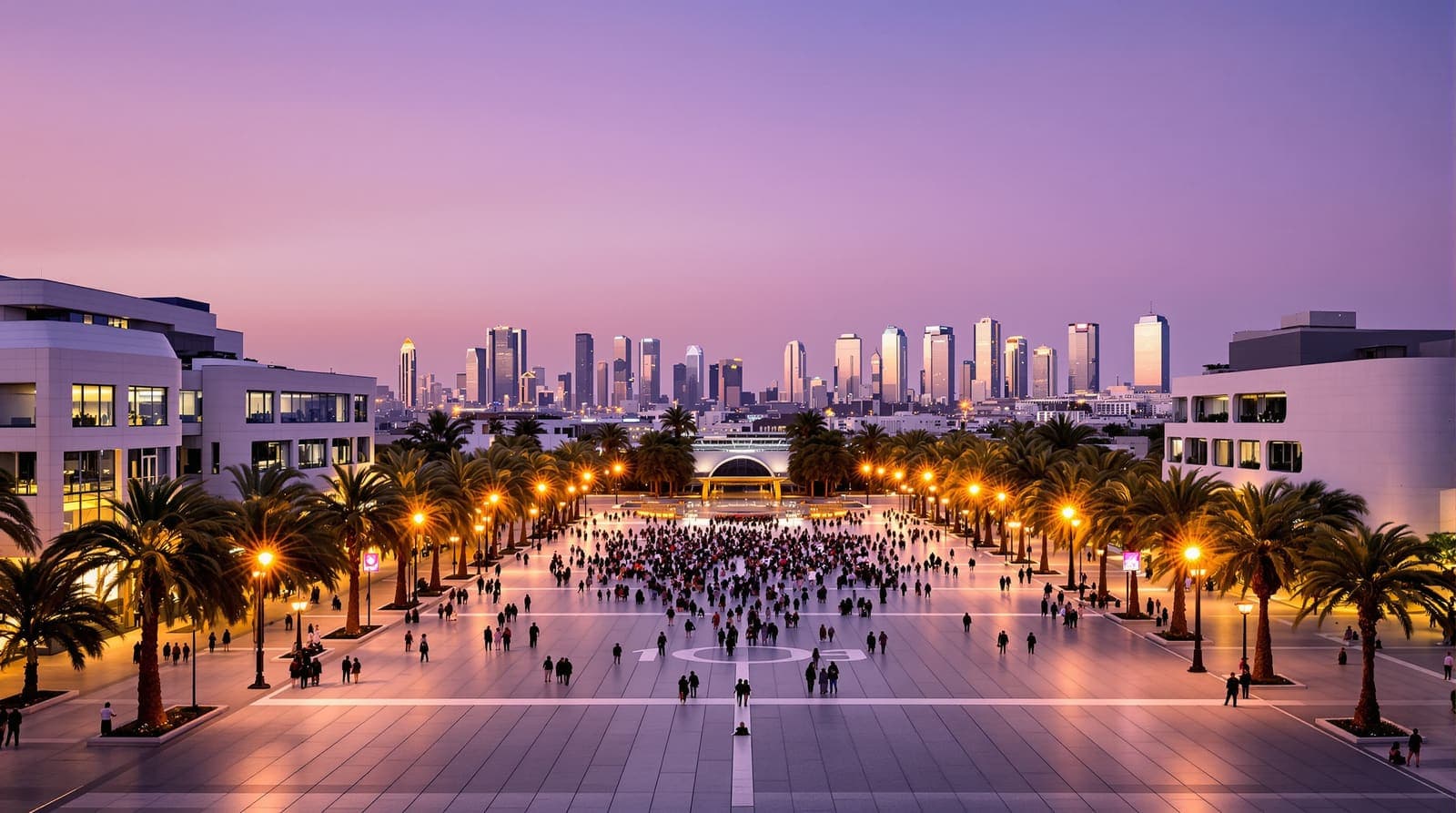 Illustration of a wide paved plaza in central Tel Aviv at dusk, palms and pale towers around it, with a distant crowd seen from behind.