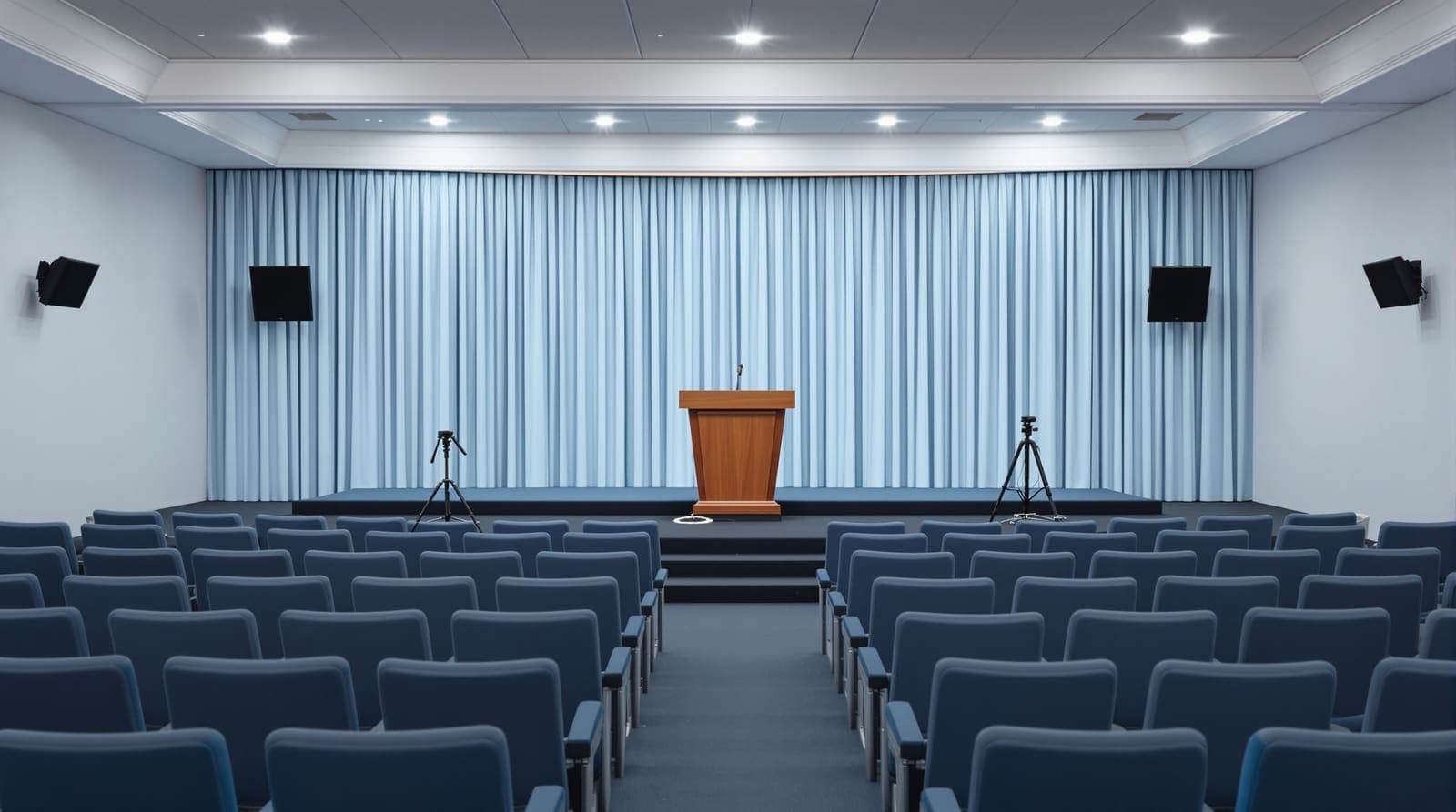 Illustration of an empty press briefing room with vacant seats and a plain lectern under soft daylight.
