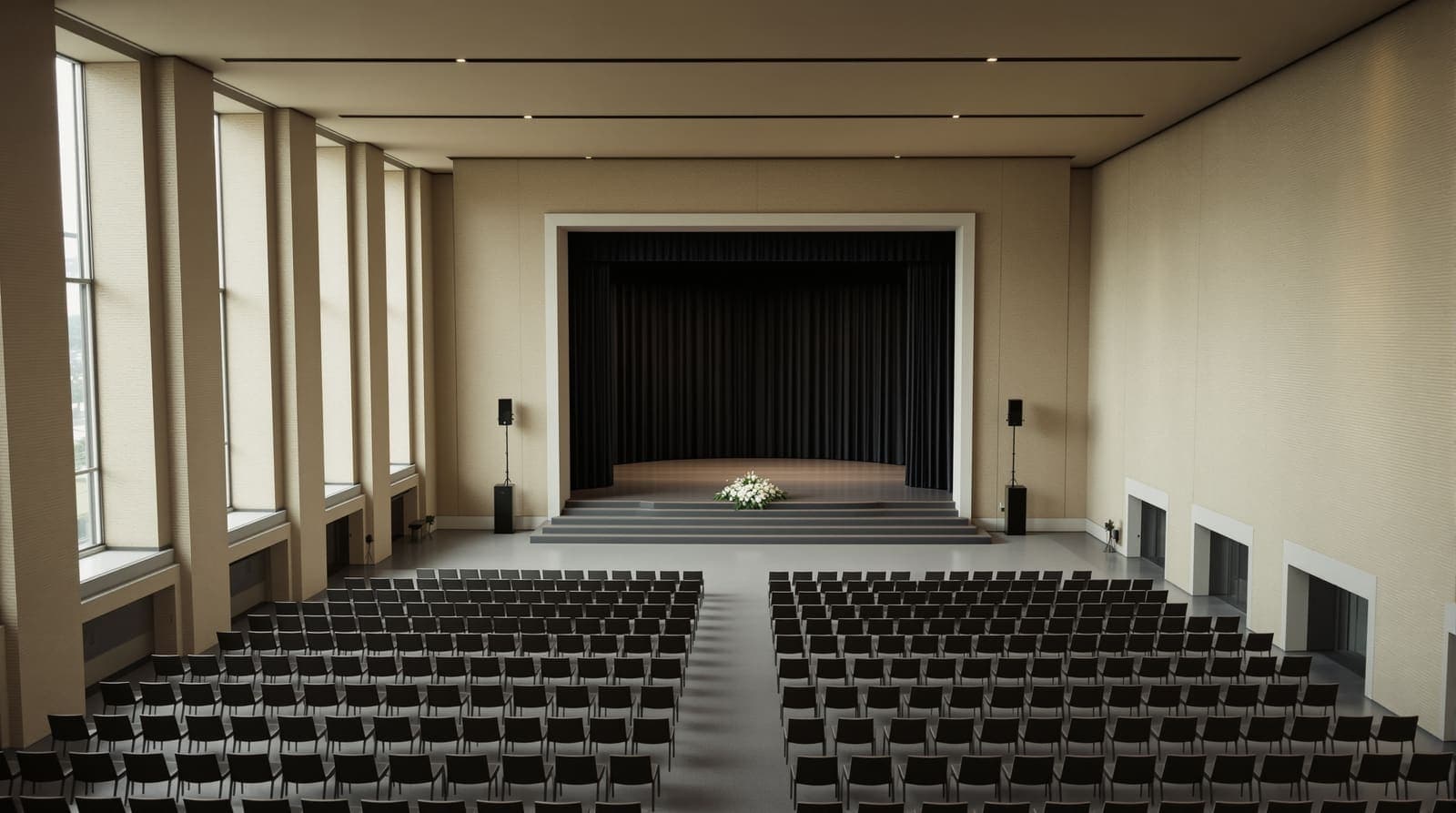 Illustration of an empty ceremonial hall in Oslo City Hall at dawn, rows of vacant chairs facing a bare stage with white flowers.
