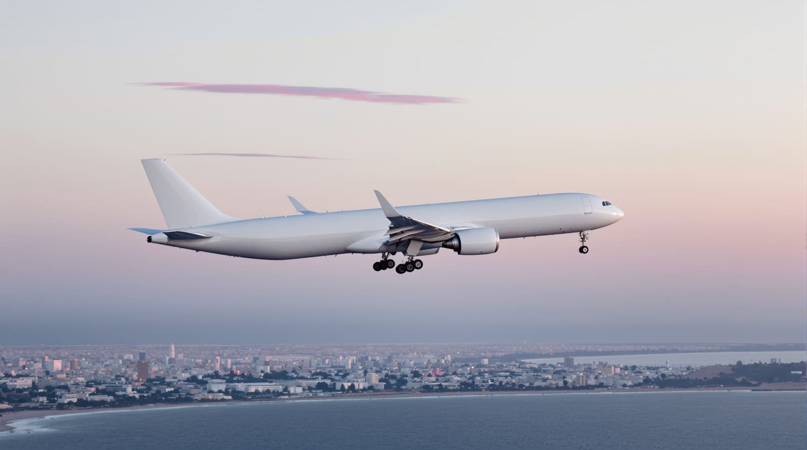 Illustration of a plain white passenger jet on approach over the Tel Aviv coastline at dawn