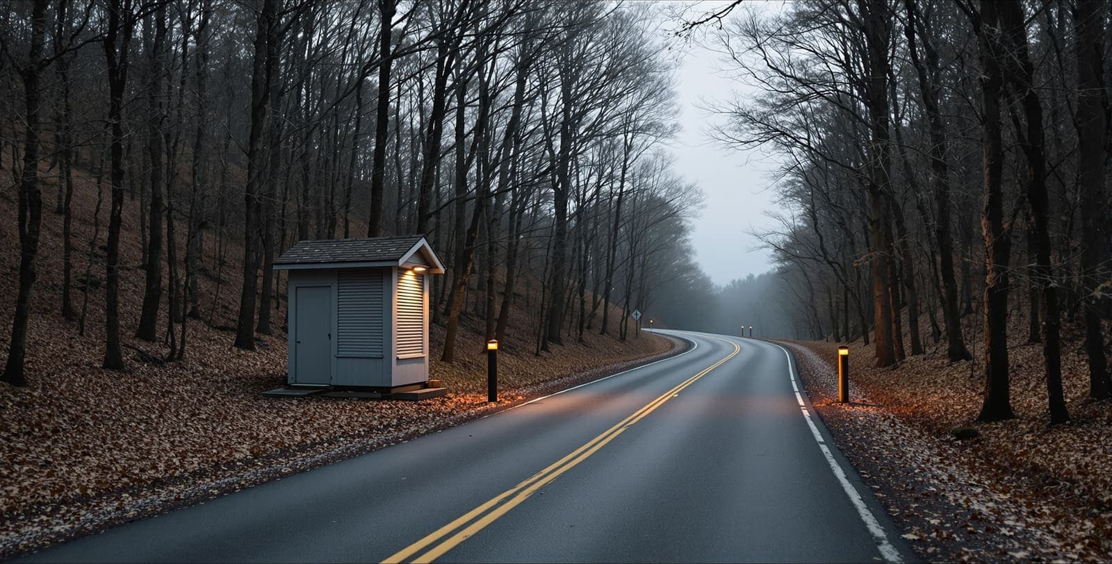 Illustration of a quiet forest access road and plain raised barrier at dusk in wooded Maryland hills.