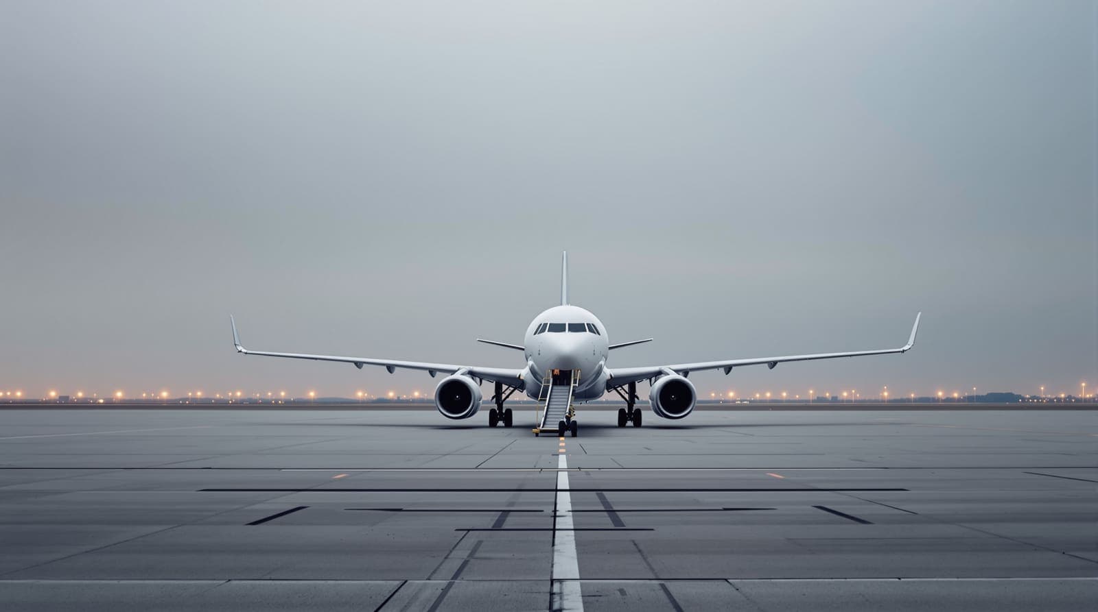 Illustration of a lone white passenger jet parked on an empty airport apron under an overcast dusk sky.