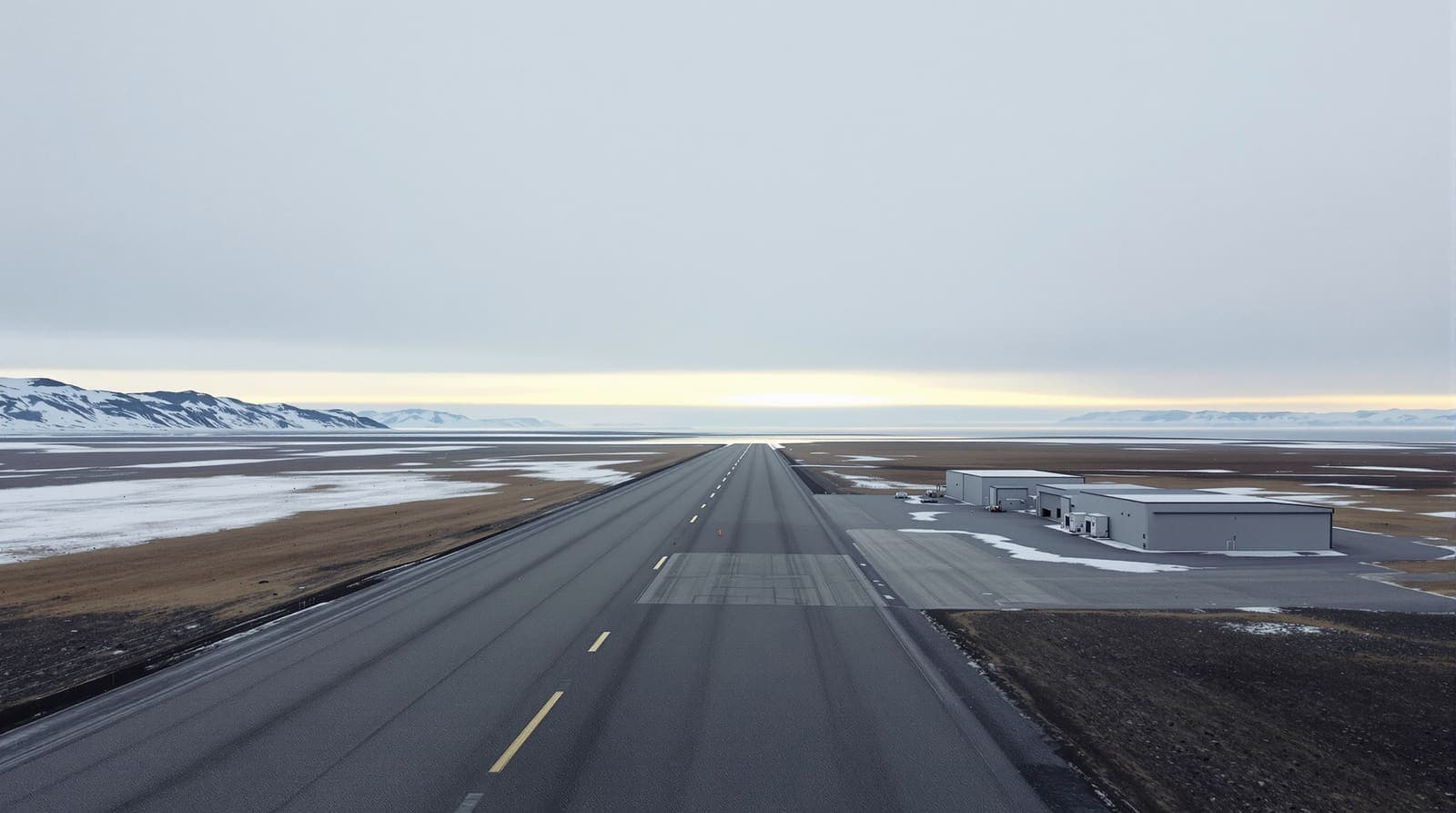 Illustration of an empty gravel airstrip and plain hangars on a bare Arctic coast in Greenland beneath overcast polar light.