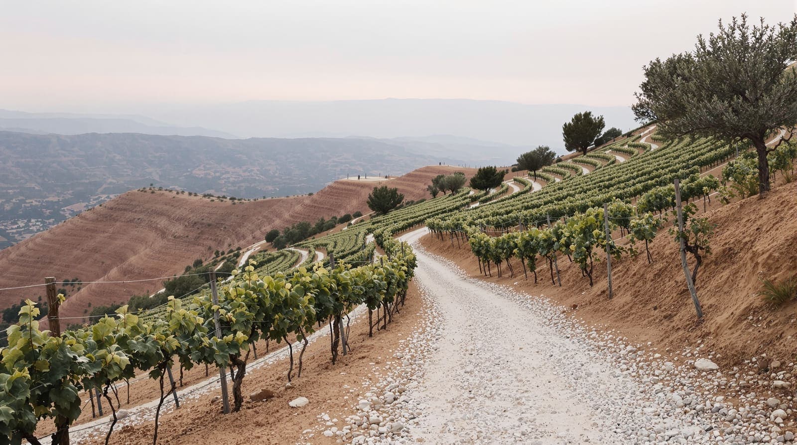 Illustration of terraced vineyards and olive trees on limestone hillsides in the West Bank at dawn.