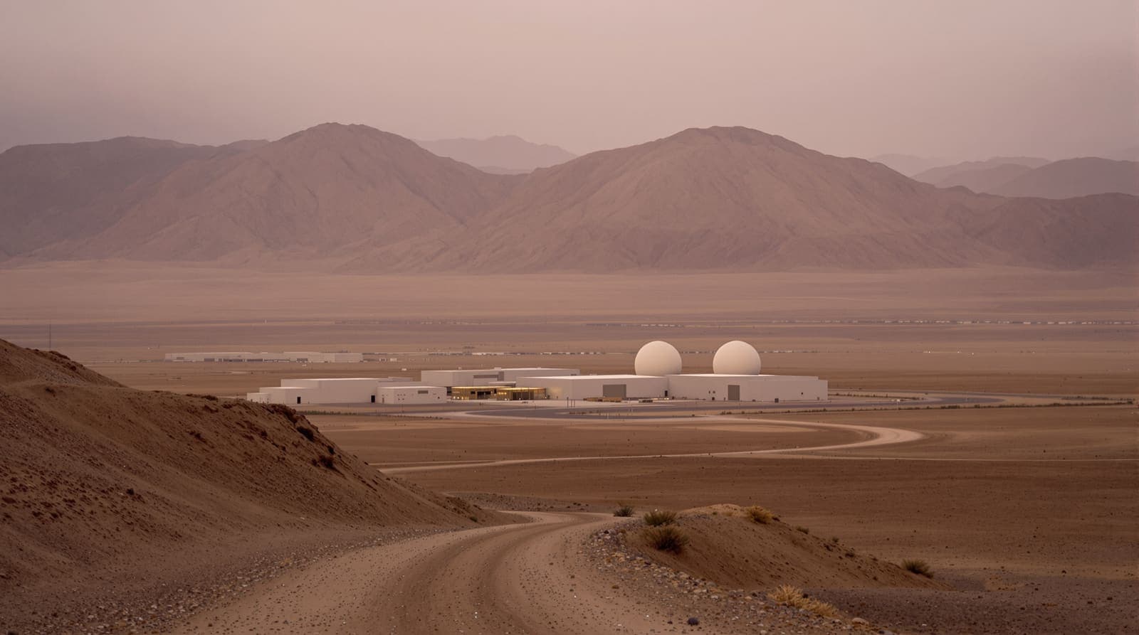 Illustration of a remote desert nuclear complex with pale domes in a mountain valley at dusk