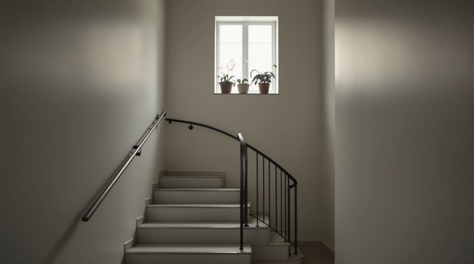 Illustration of an empty stairwell landing in a Haifa apartment building at dawn.
