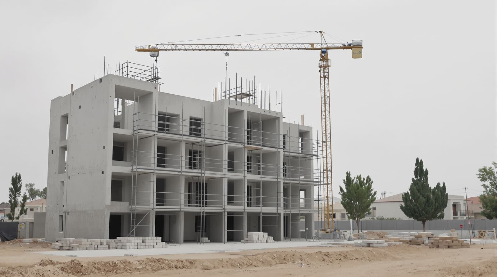Illustration of a quiet, half-built concrete apartment block and crane on a construction site in a small central Israeli town