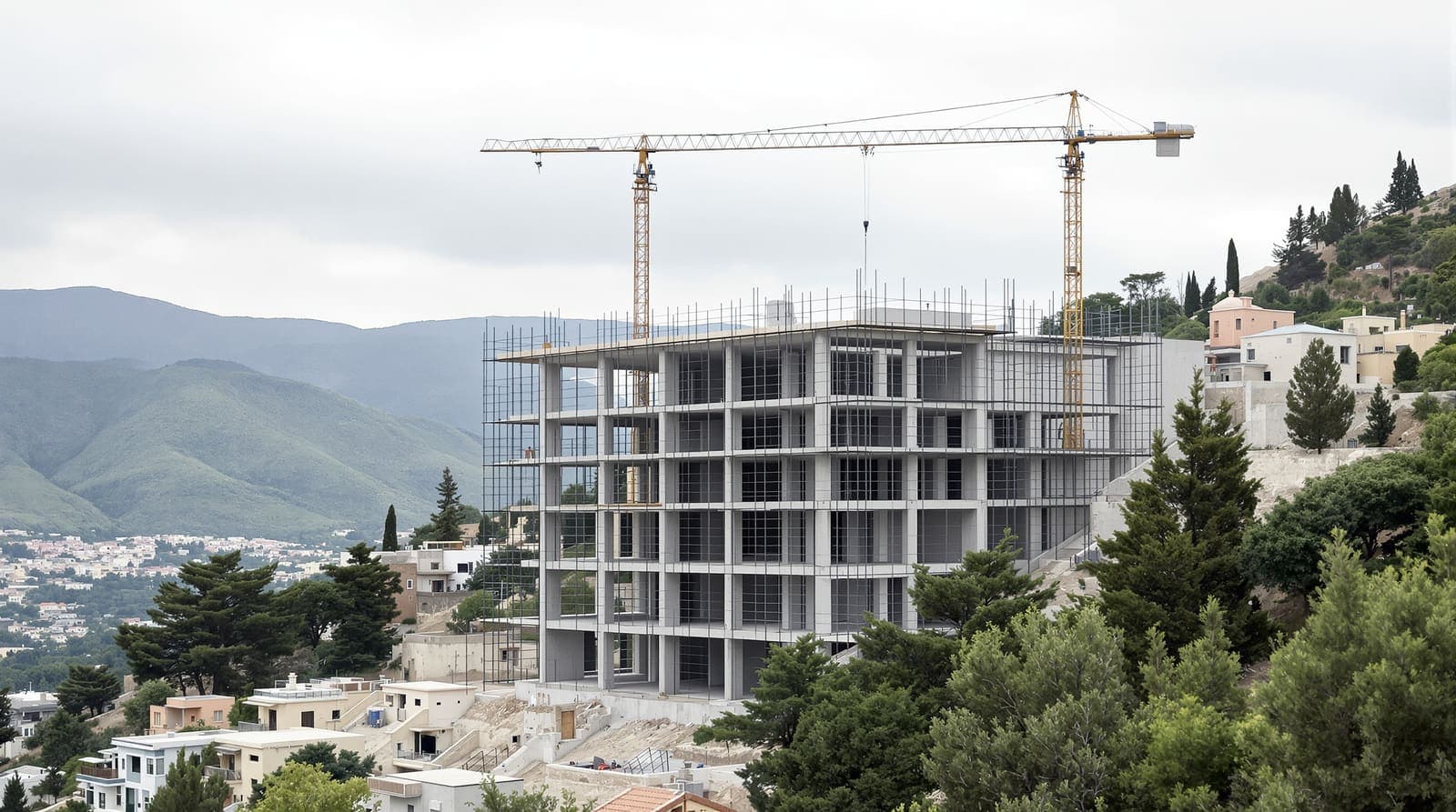 Illustration of an unfinished concrete building with scaffolding on a hillside among stone houses in a northern Israeli mountain town.