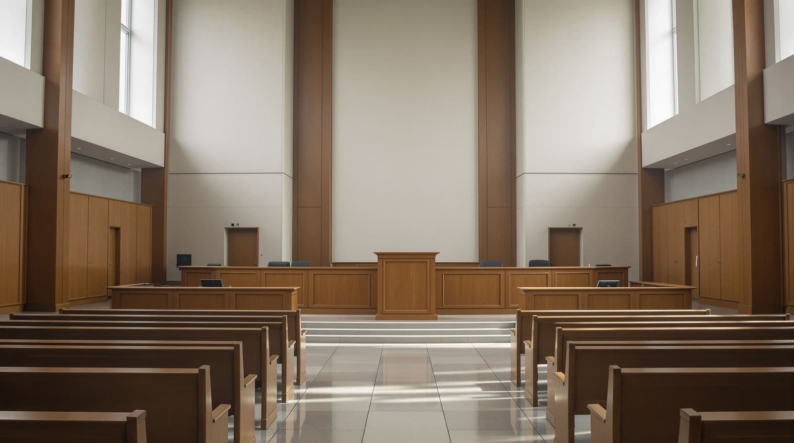 Illustration of an empty Israeli courtroom seen from the public gallery, with a vacant bench and quiet rows of seats in soft morning light.