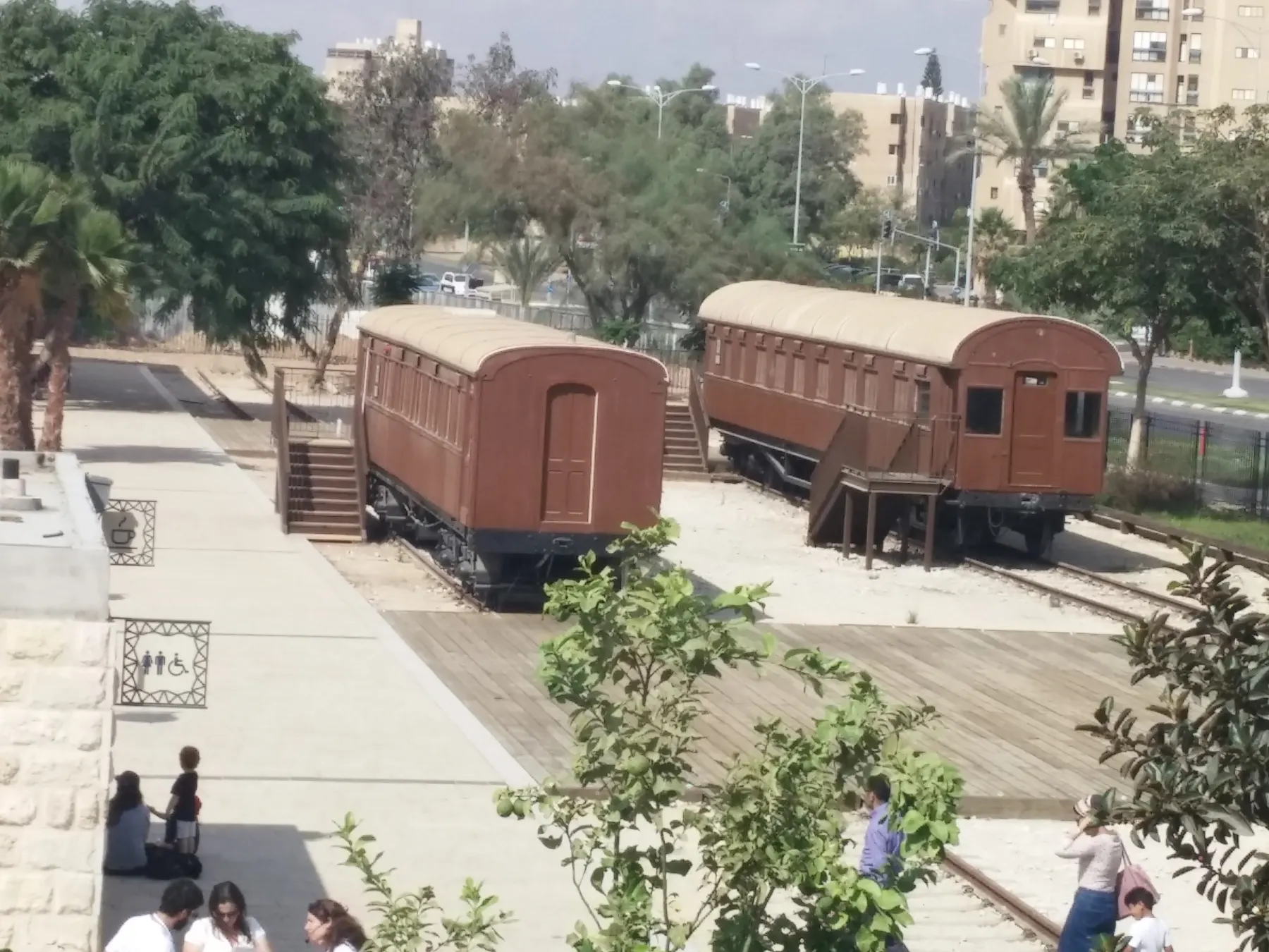 Old wooden railway carriages on the track at the restored Turkish railway station in Beer Sheva