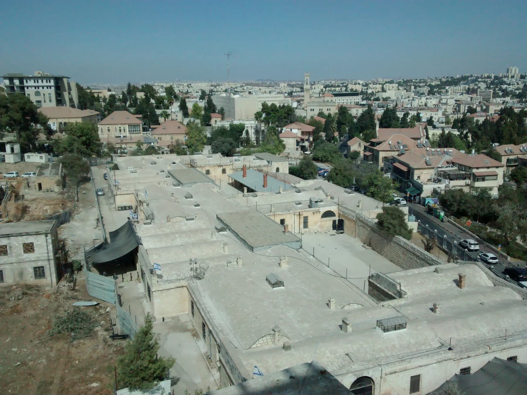 The Russian Compound in Jerusalem from above, the museum's low stone buildings among the city's