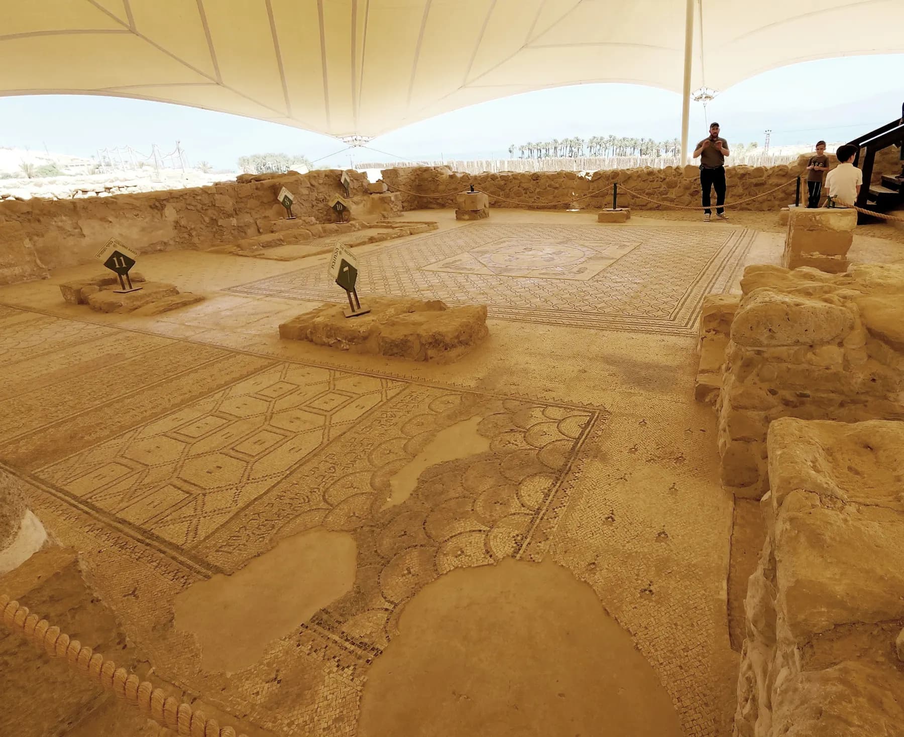 Geometric mosaic floor panels and the low stone walls of the excavated ancient synagogue at Ein Gedi, under a pale fabric canopy