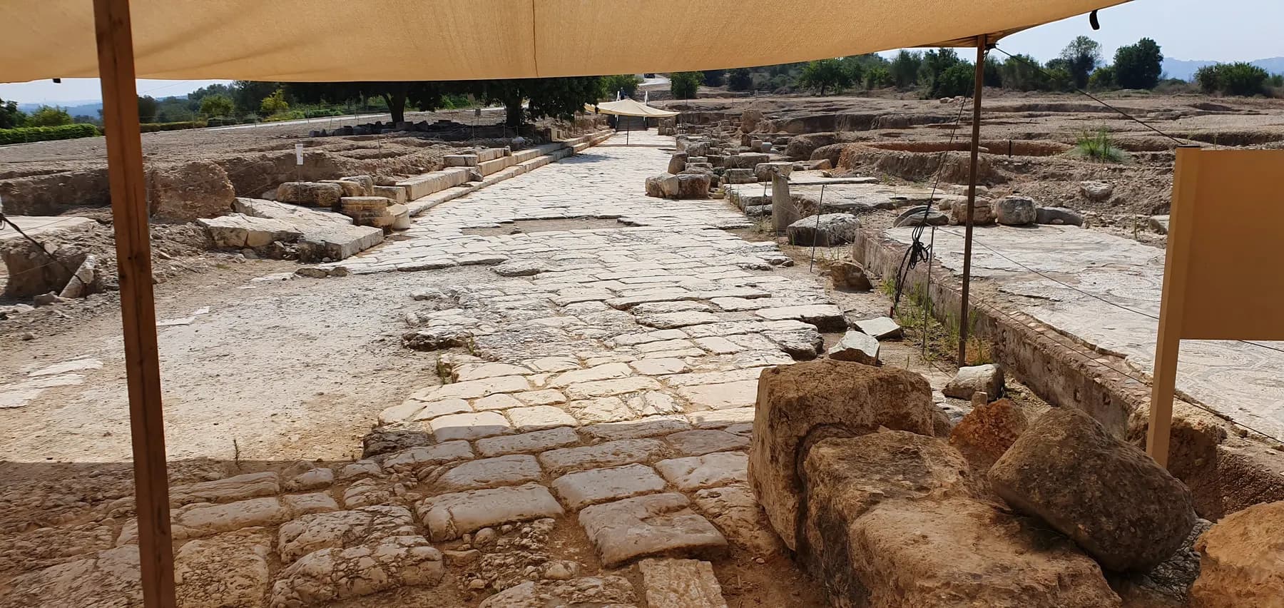The paved Roman street at Zippori running between excavated stone foundations and column bases, under a site shade canopy