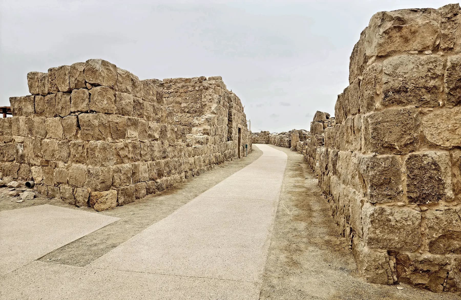 High limestone walls of ruined buildings standing on either side of a narrow street at Shivta National Park