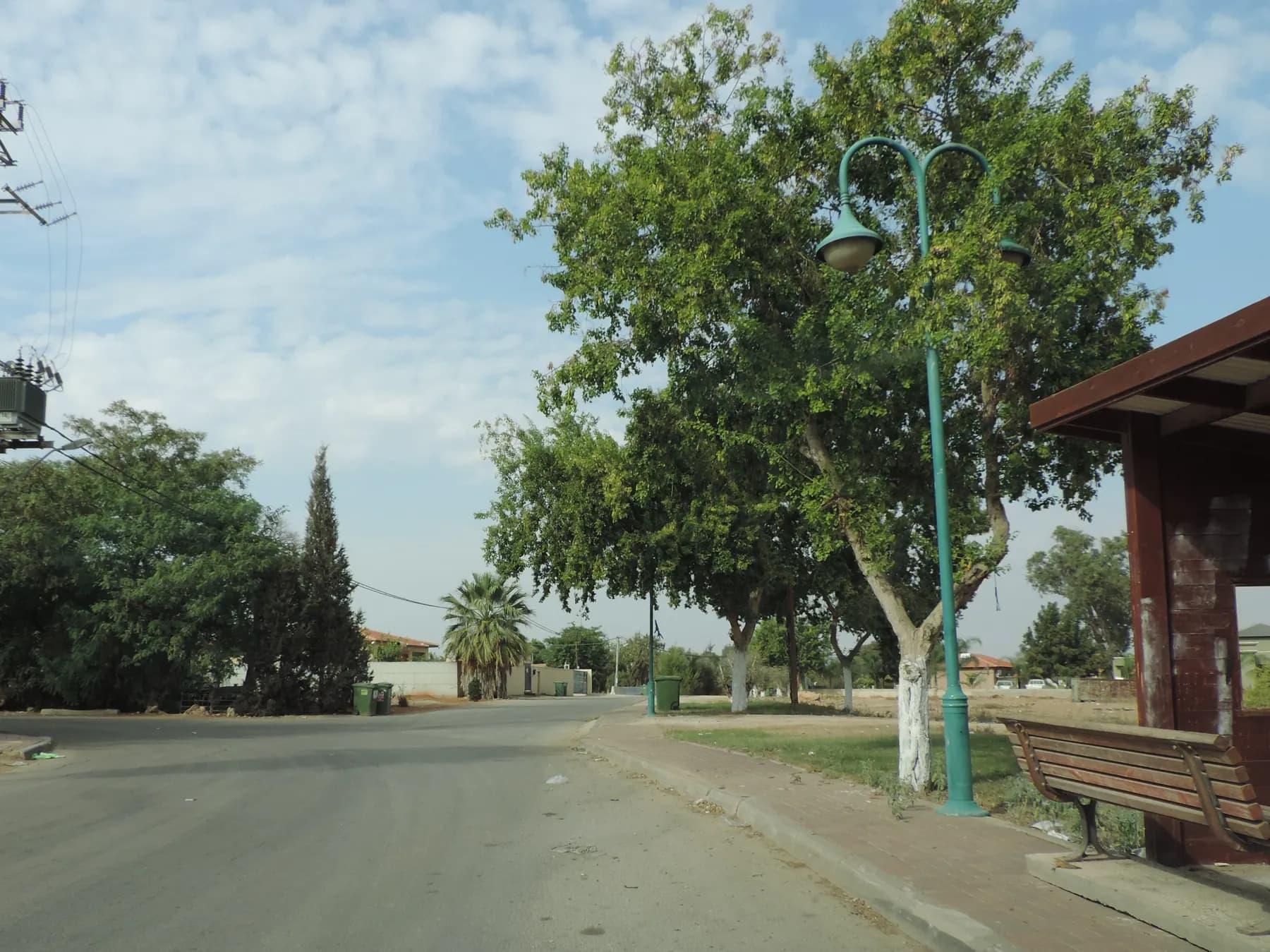 A street in Ahuzam, with a large leafy tree, a green double street lamp and a wooden bus shelter with a bench.