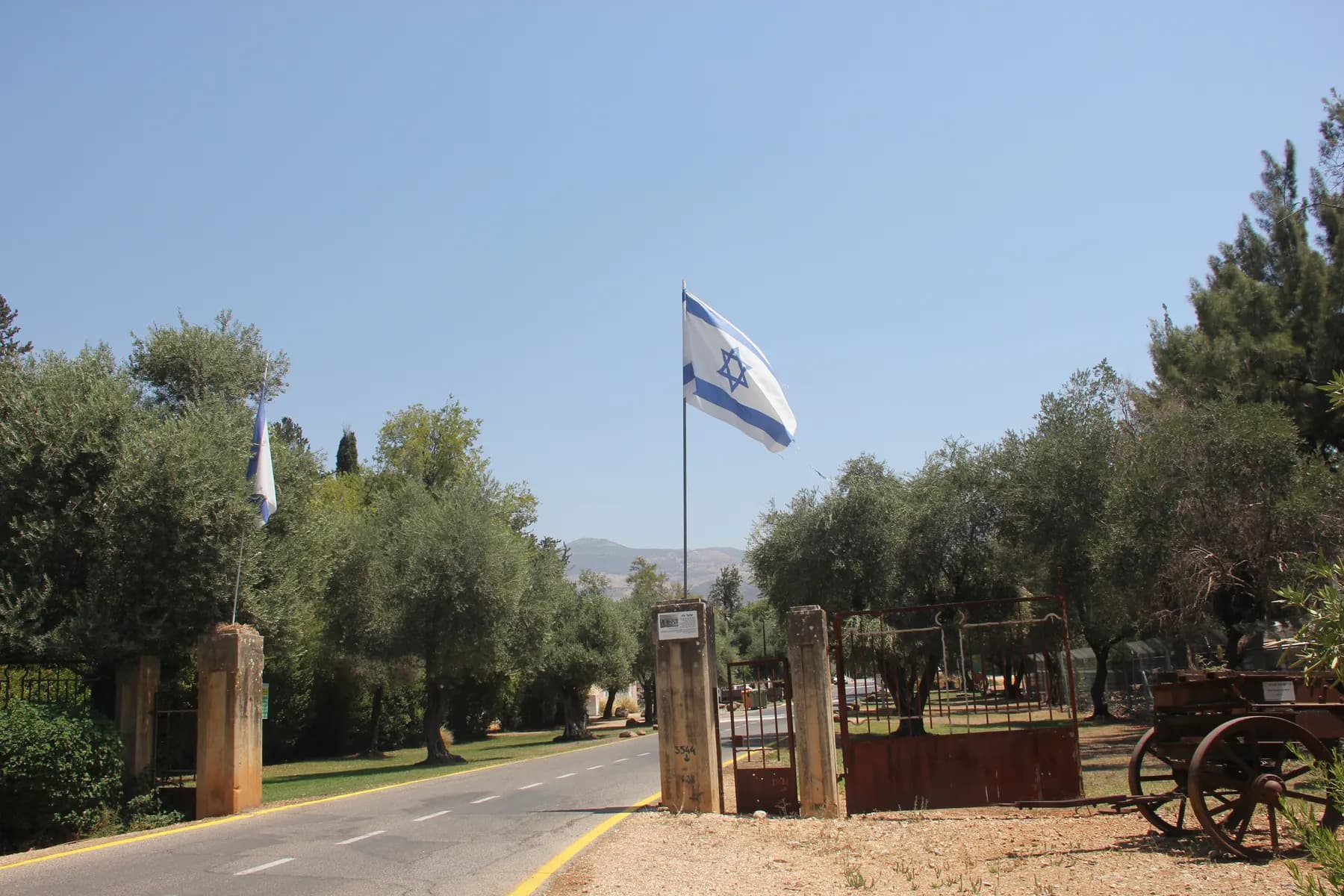 השער הישן של דן, עם עמודי שער מאבן ושער ברזל לצד הכביש, דגל על תורן גבוה, עצי זית ועגלת עץ ישנה.